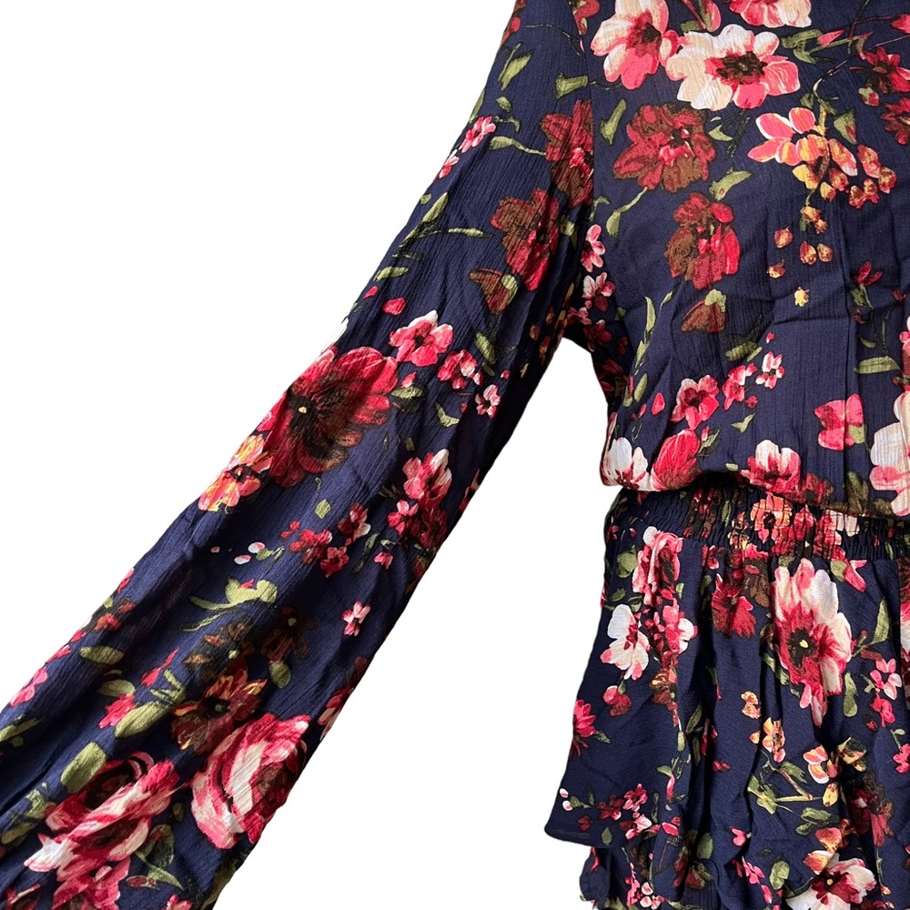 NWT, BluIvy Navy Floral Tiered Ruffle Hem Cinch Waist Dress, sz S - Picture 10 of 12
